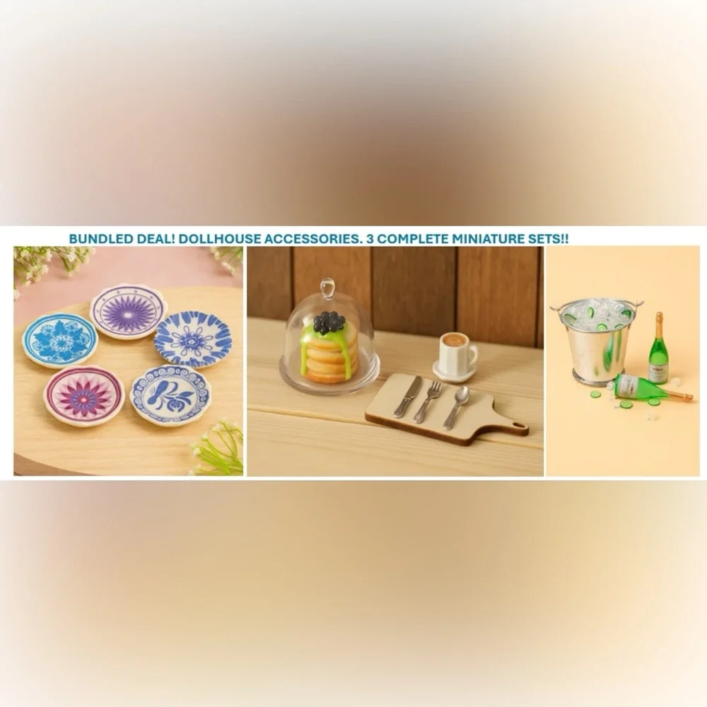 Dollhouse Miniature Kitchen & Dining Bundle Plates, Pancakes & Coffee, Champagne - Picture 2 of 11